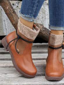 Botas de caña alta con cuello de punto, punta redonda, tacón en bloque, cremallera lateral y forro cálido para invierno, en tallas grandes de estilo europeo