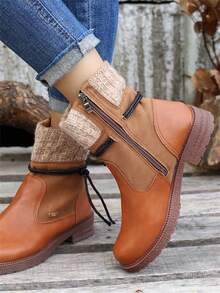 Botas de caña alta con cuello de punto, punta redonda, tacón en bloque, cremallera lateral y forro cálido para invierno, en tallas grandes de estilo europeo