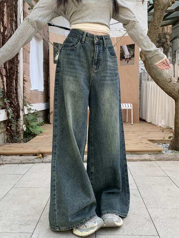 Jeans retos e soltos vintage femininos, Calça larga americana oversized com barra larga, Outono/Inverno
