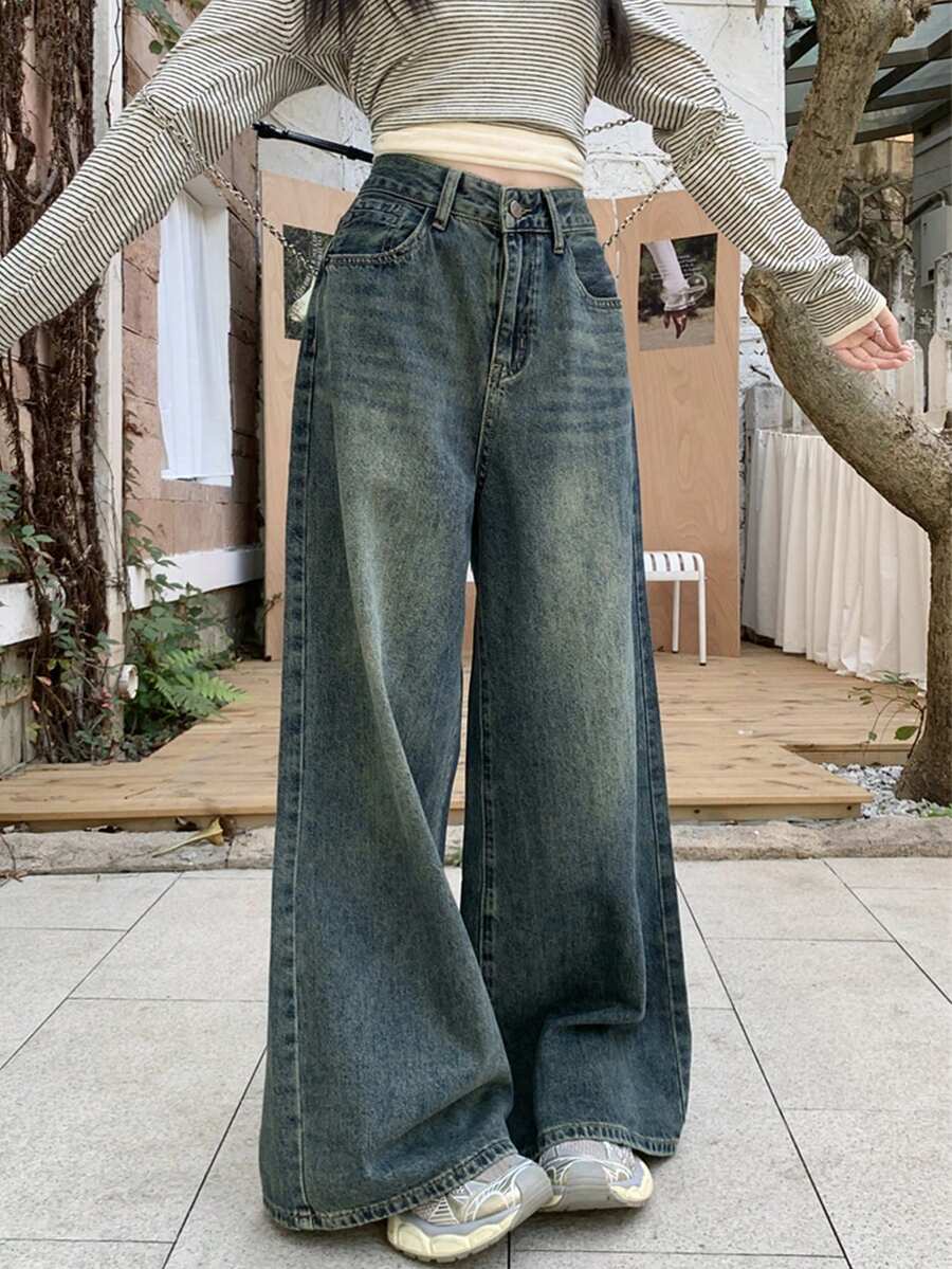 女式复古宽松直筒牛仔裤，超大美式阔腿垂褶裤，秋冬