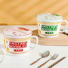 1 bộ; Bát sứ có nắp, Bát mì Ramen sáng tạo mới, Bát mì ăn liền; Bát dung tích lớn 1150ml có tay cầm để sử dụng cá nhân trong ký túc xá, Bát cá nhân cao cấp, Quà tặng Giáng sinh an toàn với máy rửa chén và lò vi sóng - Nhiều màu - Xem 4