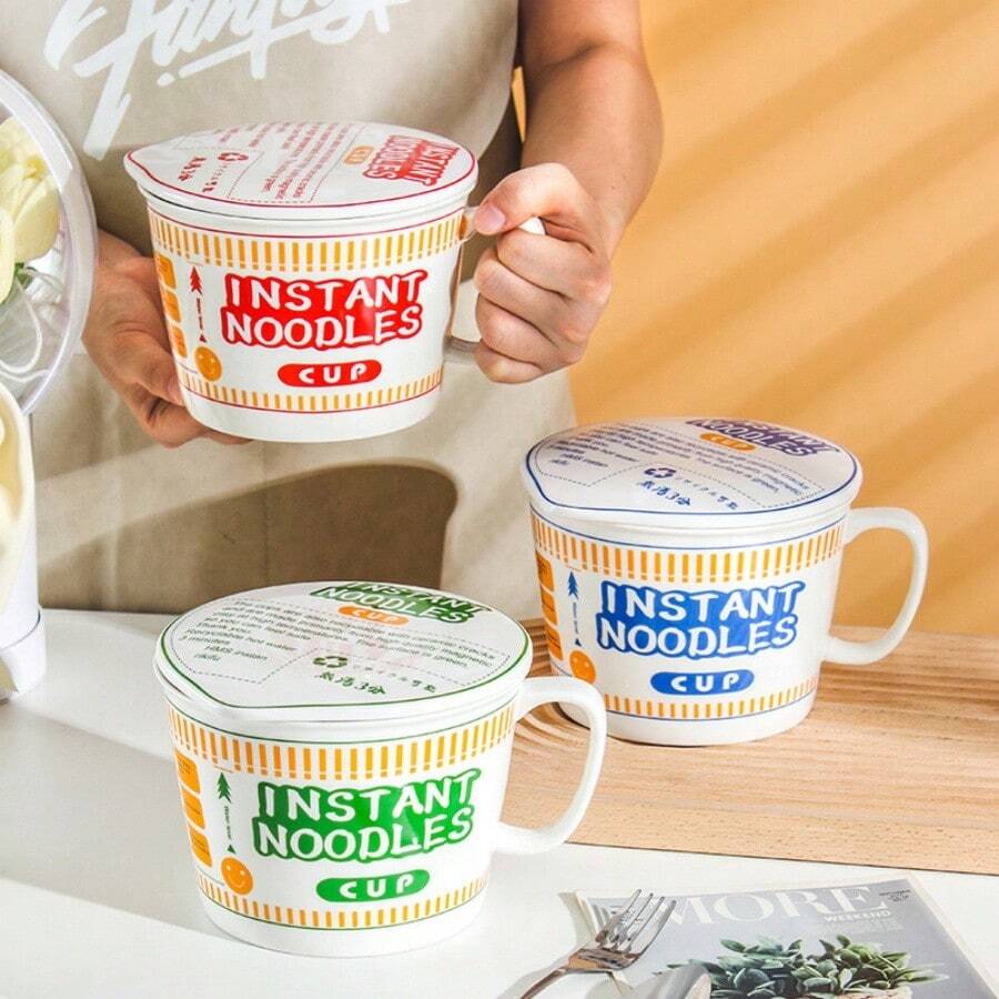 1 bộ; Bát sứ có nắp, Bát mì Ramen sáng tạo mới, Bát mì ăn liền; Bát dung tích lớn 1150ml có tay cầm để sử dụng cá nhân trong ký túc xá, Bát cá nhân cao cấp, Quà tặng Giáng sinh an toàn với máy rửa chén và lò vi sóng - Nhiều màu - Xem 1