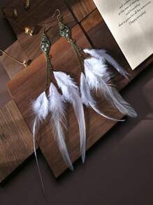 1 par de aretes de plumas naturales largas y exageradas estilo vintage para mujeres - exótico - Ver 7