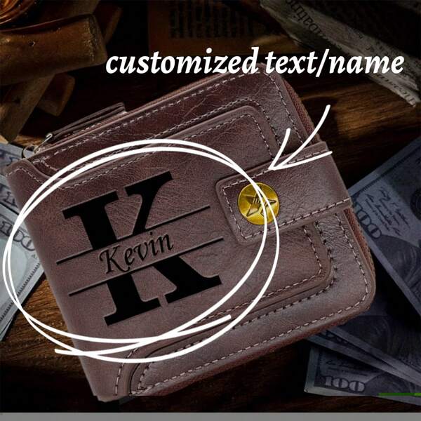 Personalisierte Herren-Geldbörse mit eingraviertem Namen & Logo - im Vintage-Stil aus Kunstleder, ideal als Geburtstagsgeschenk, Jahrestags- oder Vatertags-Geschenk für den Freund - hellbraun