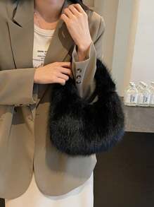 1个时尚毛绒单肩包，平沿手提包，可爱冬季女士手提包，新款女士毛绒包 - 黑色 - 查看 5