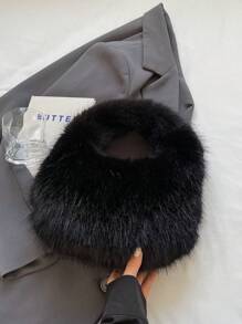 1个时尚毛绒单肩包，平沿手提包，可爱冬季女士手提包，新款女士毛绒包 - 黑色 - 查看 6