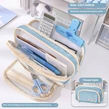 1pc Blue Three-Layer Large Capacity Pencil Case, Stationery Organizer For Students,Pencil Pouch,School Bag - Baby Blue - View 13