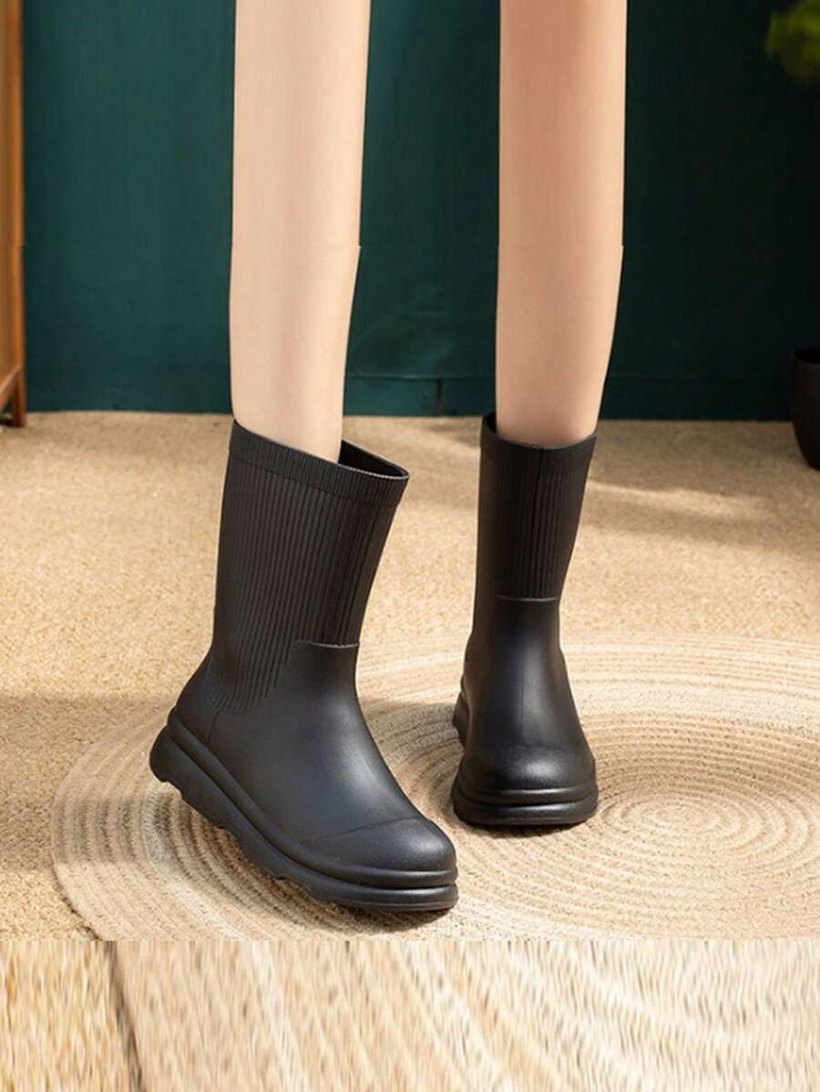 时尚加厚中筒女士雨靴，带鸟图案的防水防滑雨靴，带保暖内衬的成人雨鞋 - 黑色 - 查看 1