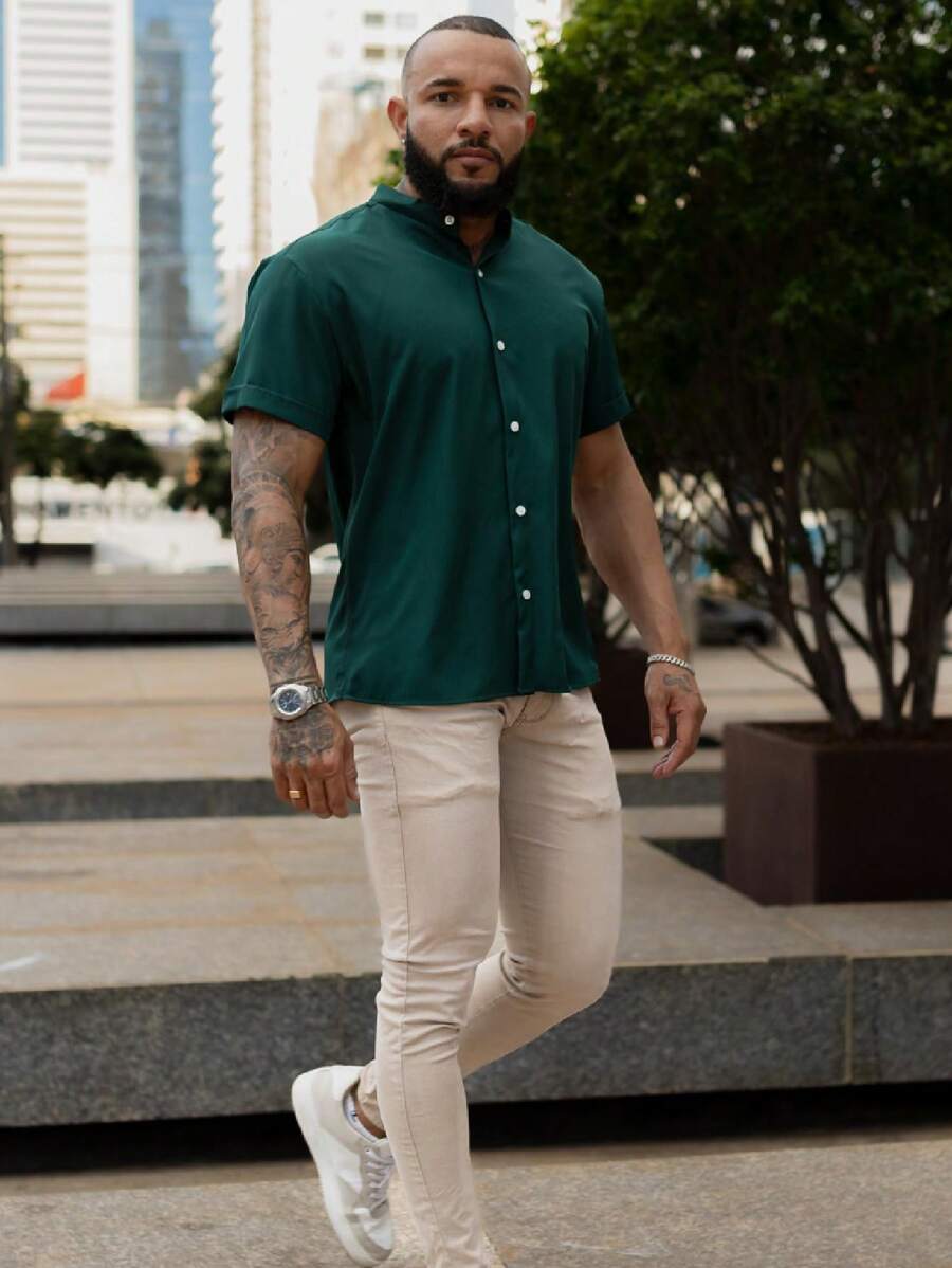 Men's Shirt With Priest Collar - Green - View 1