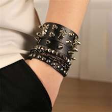 Yanxyad 3pcs/Set Rivet Punk Style PU Leather Bracelet Set, Suitable For Men, Everyday Or Festival Wear - Black - View 7