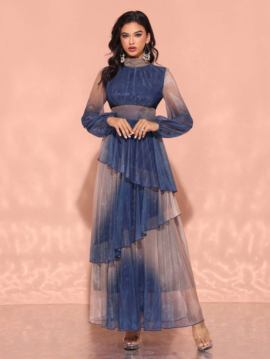Women's Elegant Dress With Stand Collar, Lantern Sleeves, And Ruffle Hem In Gradient Fabric - Multicolor - View 1