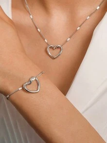 Set de 2 piezas de colgante en forma de corazón hueco de acero inoxidable + conjunto de joyas de pulsera, de moda y adecuado para uso diario, regalo