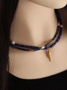 1 chiếc vòng cổ cá đính hạt ngọc trai và đá Sodalite thời trang, phù hợp cho cả nam và nữ, trang phục thường ngày hoặc quà tặng ngày lễ, TRANG SỨC ĐẸP MẮT - Màu xanh lam - Xem 4