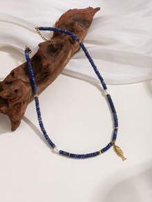 1 chiếc vòng cổ cá đính hạt ngọc trai và đá Sodalite thời trang, phù hợp cho cả nam và nữ, trang phục thường ngày hoặc quà tặng ngày lễ, TRANG SỨC ĐẸP MẮT - Màu xanh lam - Xem 2