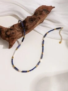 1 chiếc vòng cổ cá đính hạt ngọc trai và đá Sodalite thời trang, phù hợp cho cả nam và nữ, trang phục thường ngày hoặc quà tặng ngày lễ, TRANG SỨC ĐẸP MẮT - Màu xanh lam - Xem 3