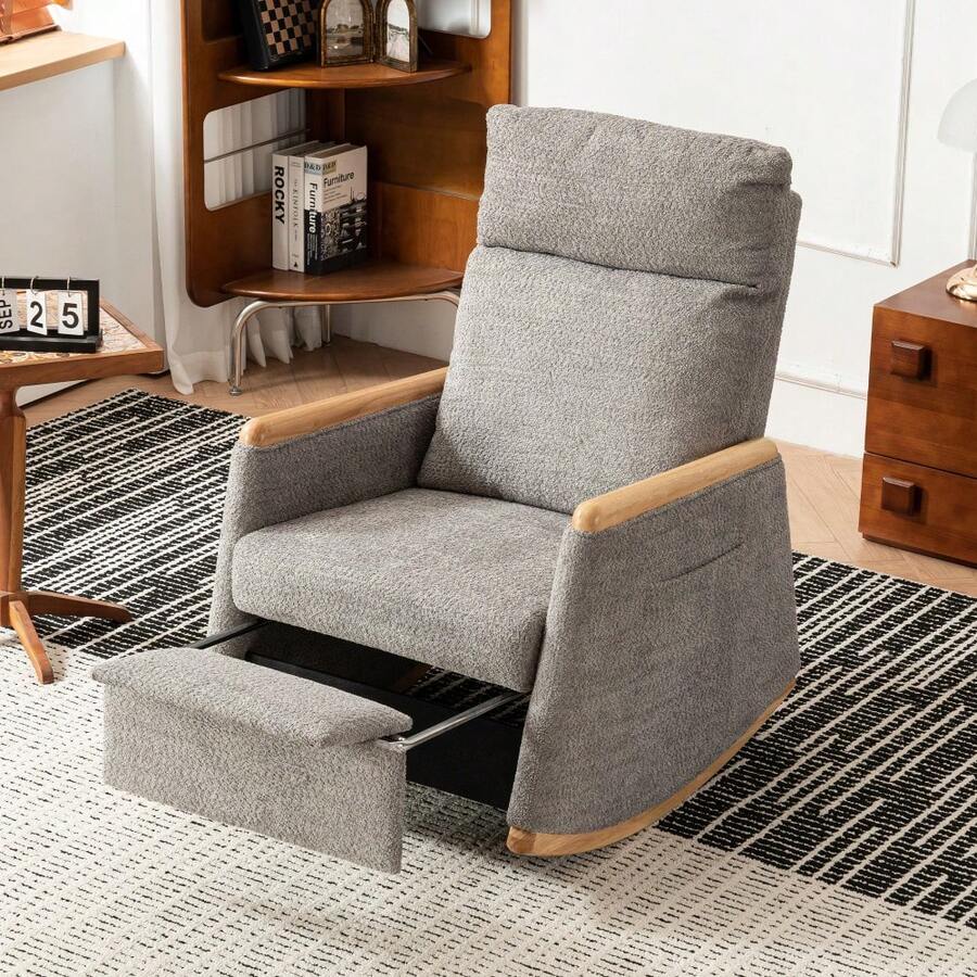 Comfortable High Back Upholstered Rocking Chair With Footrest And Side