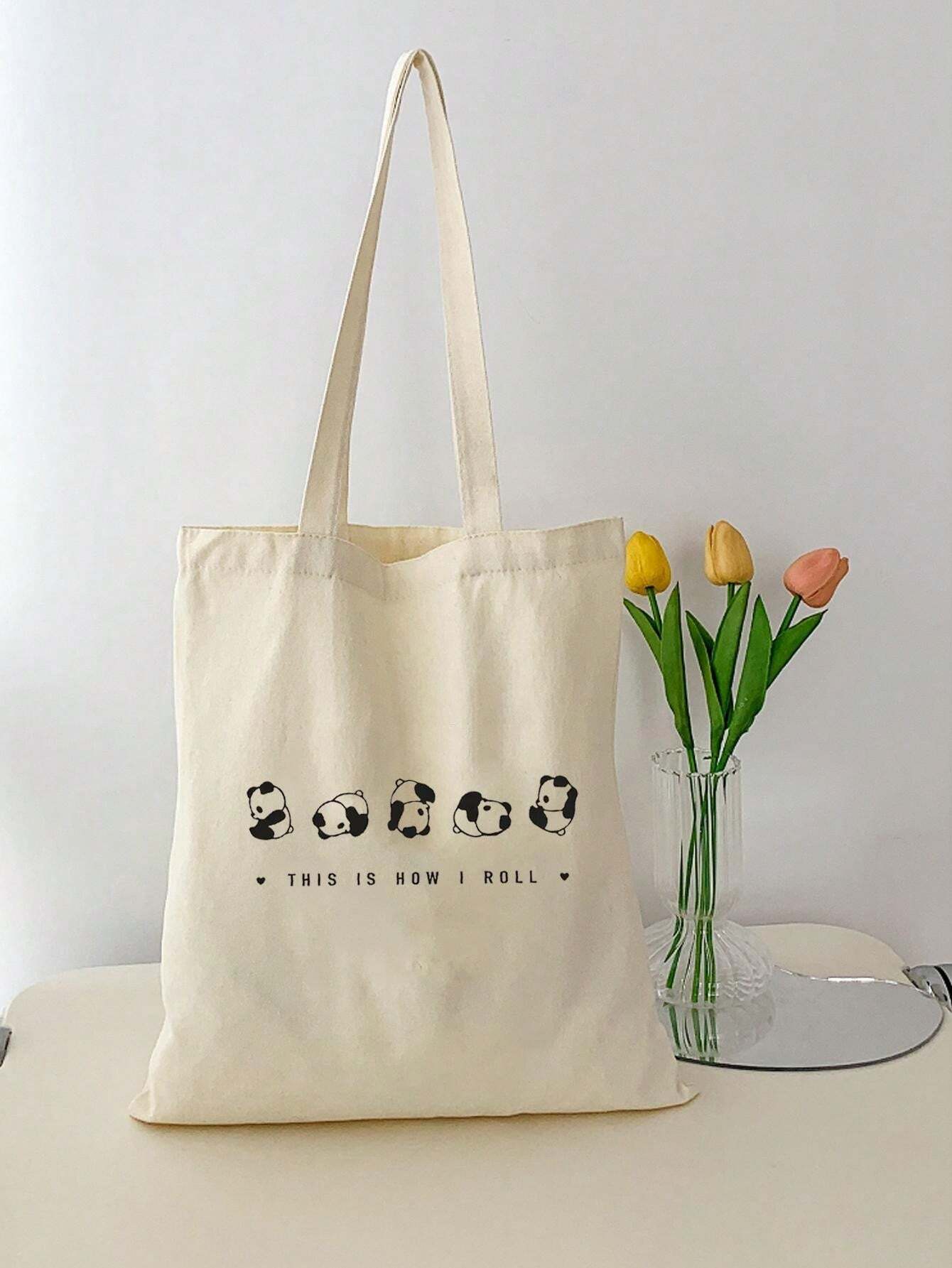 1pc Cute Panda Pattern Large Capacity Canvas Shoulder Bag Tote Bag