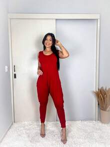 Tank Top Jumpsuit With Pocket And Back Adjustment - Đỏ - Xem 2