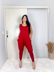 Tank Top Jumpsuit With Pocket And Back Adjustment - Đỏ - Xem 1
