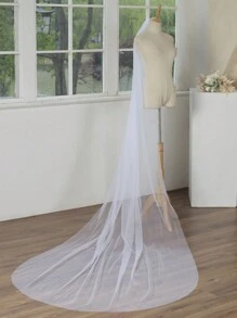 新娘单层长款落地头纱290cm左右 白色简约素纱 婚礼殿堂款 带纹理金属发梳 - 白色 - 查看 6