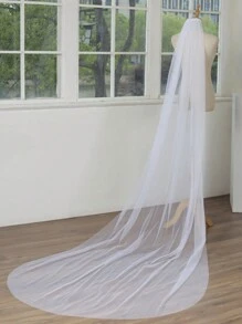 新娘单层长款落地头纱290cm左右 白色简约素纱 婚礼殿堂款 带纹理金属发梳 - 白色 - 查看 4