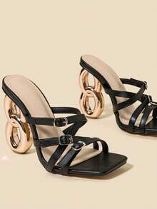 Square Toe Asymmetric Heel Golden Heel Buckle Strap Fashion High Heels Sandals For Women - Black - View 5