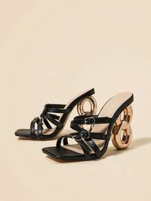 Square Toe Asymmetric Heel Golden Heel Buckle Strap Fashion High Heels Sandals For Women - Black - View 3