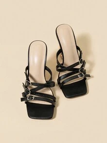 Square Toe Asymmetric Heel Golden Heel Buckle Strap Fashion High Heels Sandals For Women - Black - View 4