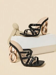 Square Toe Asymmetric Heel Golden Heel Buckle Strap Fashion High Heels Sandals For Women - Black - View 6