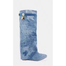 Padlock Detail Fold Over Wedge Knee High Boots - Denim - View 7