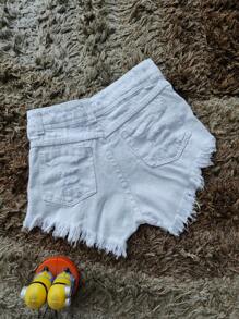 Women's High-Waisted White Ripped Denim Shorts - 白色 - 查看 2