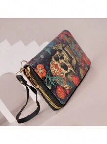 Billetera vintage de Halloween 2024 Nuevo diseño de moda Billetera con forma de calabaza de cierre Estampado Billetera de mujer de gran capacidad Portacartas para mujer Billetera Monedero Billetera larga Billetera con muñequera - Negro - Ver 2