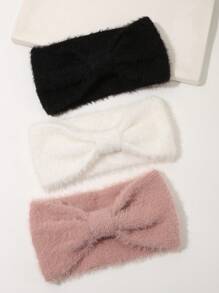1pc Plain Simple Design Women Warm Fleece Headband With Bow Cross, Suitable For Daily Decoration & Styling, Autumn/Winter - Multicolor - View 2