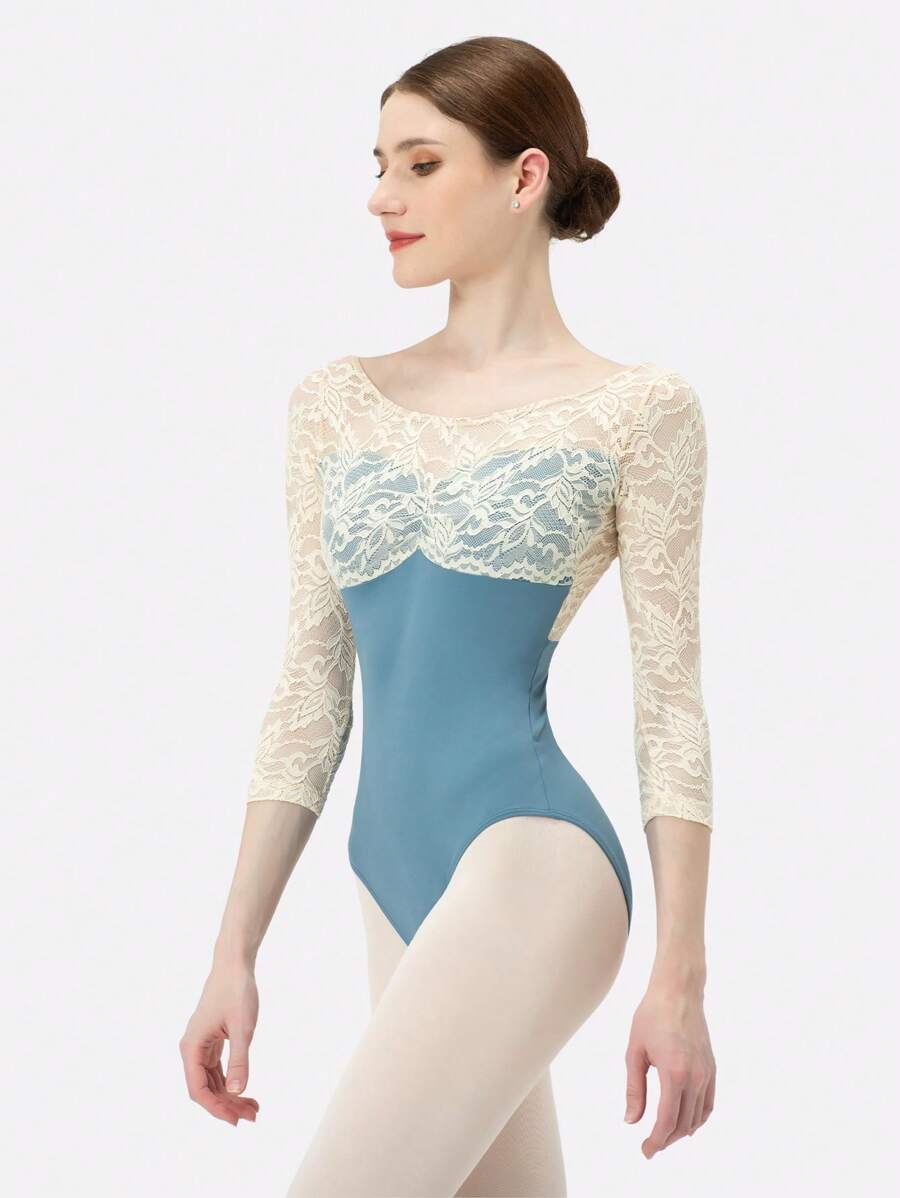 DonsGirl 1pc Women 3/4 Sleeve Lace Patchwork Ballet Dance Costume - Blue - View 1