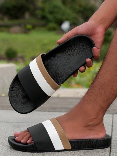 أحذية شباشب ذات بطانة سميكة مخططة للرجال، مقاومة للانزلاق للاستخدام الداخلي والخارجي، أنواع دش الحمام وشاطئ