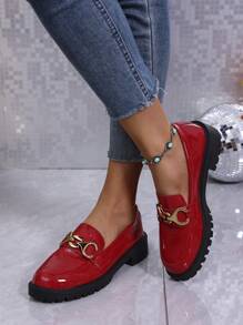 Women's Versatile Loafers, British Style Slip-On Shoes, Thick-Soled Fashionable Small Leather Shoes, Can Be Worn For Sports, Formal Wear And Parties - Red - View 4