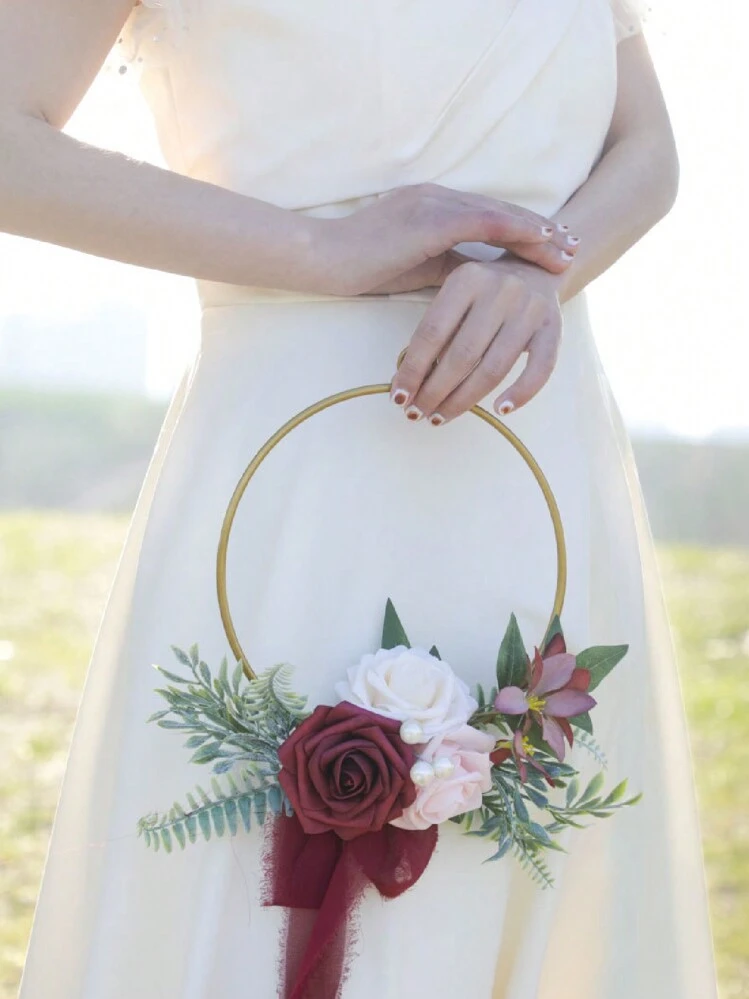 1個 ウェディング ゴールド リース フラワーアレンジメント、花嫁ブライダルシャワー、式典 記念日 フラワーリース ウェディングデコレーション リース ローズフラワーとリボン ウェディング、ナーサリー、壁掛け、バレンタインデー - マルチカラー - 見る 7