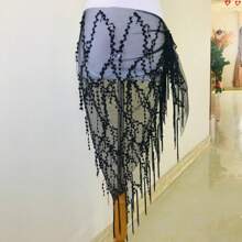 وشاح مثلث للنساء، تنورة رقص البطن المرصعة بالترتر مع سلسلة خصر وأغطية الورك طويلة بالشراريب - متعدد الألوان - مشاهدة 8