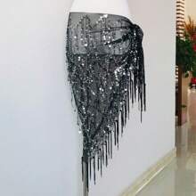 وشاح مثلث للنساء، تنورة رقص البطن المرصعة بالترتر مع سلسلة خصر وأغطية الورك طويلة بالشراريب - متعدد الألوان - مشاهدة 3