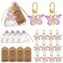 Set de regalo de 36 piezas, que incluye: 12 llaveros de mariposa de acrílico púrpura, 12 tarjetas marrones y 12 bolsas de organza con cordón, ideal para fiestas de revelación de género, cumpleaños, bodas, fiestas, un regalo perfecto para colegas, amigos y familia, vuelta al colegio, Día de San Valentín