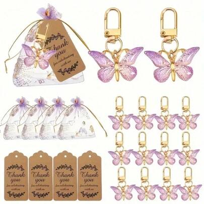 36 piezas/12 sets Caja de regalo con llavero de mariposa, incluye 12 llaveros acrílicos morados, 12 tarjetas marrones y 12 bolsas de organza con cordón, adecuado para fiesta de revelación de género, cumpleaños, boda, fiesta de Navidad y regalo perfecto para colegas, amigos y familiares
