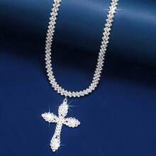 1pc Luxury Full Crystal Cross Pendant Necklace - Silver - View 3