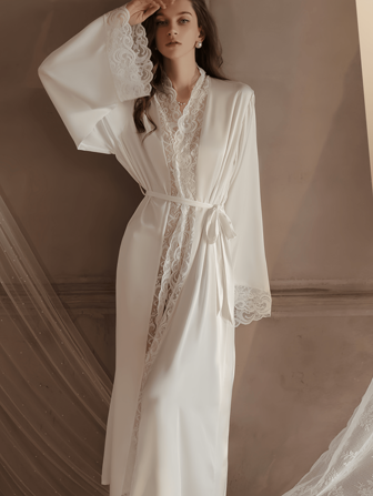 QING ROU Women's White Elegant Satin Robe. Soft Lace Trim, Flared Long Sleeve Robe Waist Tie. Silky Comfortable For Home Use, Fall, Winter