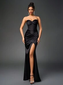 Side Split Sequin Mesh Spliced Boning Corset Streaking Hem Ruched Tube Women Prom Maxi Dresses - Black - View 1
