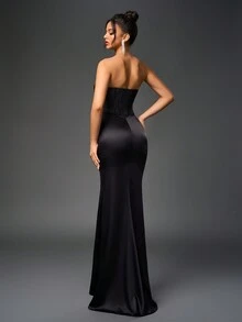 Side Split Sequin Mesh Spliced Boning Corset Streaking Hem Ruched Tube Women Prom Maxi Dresses - Black - View 8