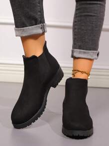 Thick-Soled  Boots, British Style Suede Ankle Boots, Simple & Versatile Short Boots For Women - Black Suede - View 8