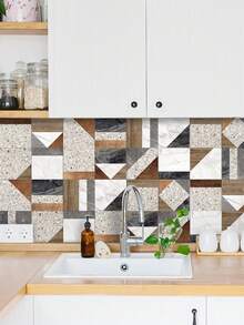 Papel tapiz decorativo para cocina bohemio, fácil de pelar y pegar, resistente al agua y al aceite, en un diseño de patchwork de tonos cian/rosa/beige/marrón, papel adhesivo de vinilo autoadhesivo perfecto para renovación del hogar, salpicadero de cocina, gabinete, 1 pieza/1 rollo de 11,81*47,24 pulgadas - Multicolor - Ver 8