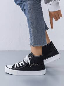 Unisex Minimalist "Faith" Letter Black Vulcanized High-Top Canvas Sneakers