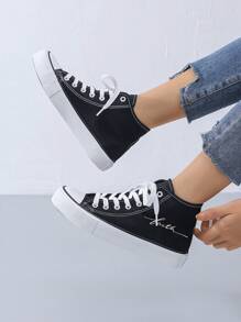 Unisex Minimalist "Faith" Letter Black Vulcanized High-Top Canvas Sneakers