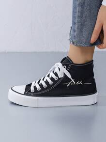 Unisex Minimalist "Faith" Letter Black Vulcanized High-Top Canvas Sneakers